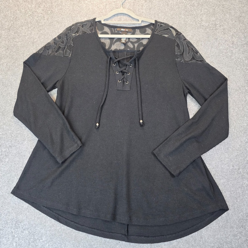 Style & Co Waffle Knit Top Womens XL Black Lace-Up Front Round Hem Long Sleeve